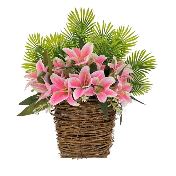 Orangide Artificial Pink Lily Hanging Basket, Faux Floral Woven Vines Planter, Silk Flower Decoration For Porch, Patio, And Indoor Display, Spring Summer Home Decor