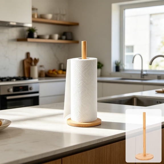 Orangide Bamboo Paper Towel Holder Countertop Vertical Stand for Kitchen, Space Saving Roll Paper Towel Storage Rack for Paper Towels, Cling Wrap, Dish Cloths
