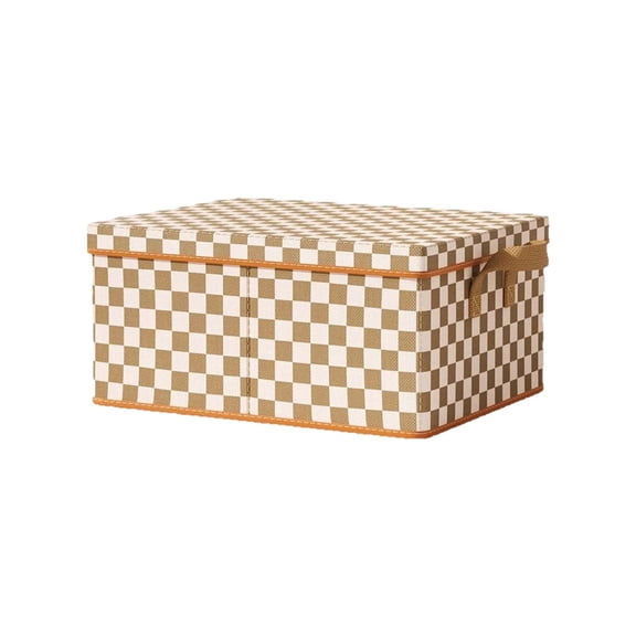 Orangide Brown and White Checkered Fabric Storage Box with Lid, Steel Frame Clothes Organizer for Closet, Foldable, Space Saving for Bedroom and Living Room