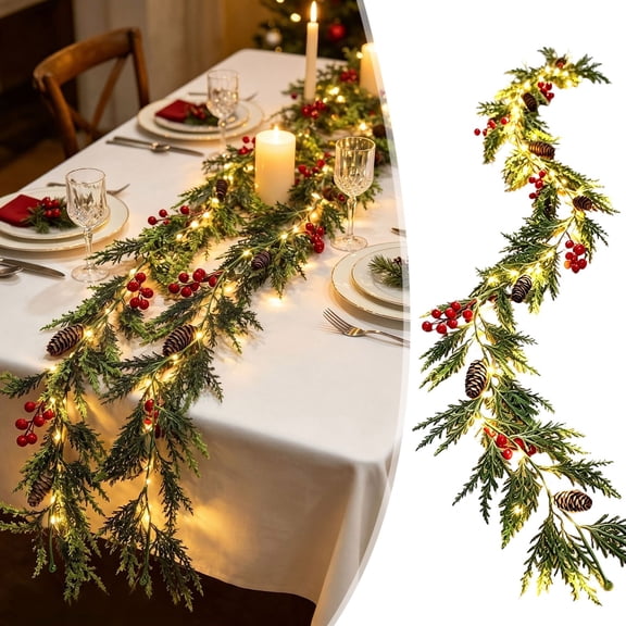 Orangide Christmas Garland with 35 LED Lights 71 In Lit Artificial Greenery String Lights Xmas Decorative Lighted Garland for Mantel Stair Handrail Indoor Outdoor