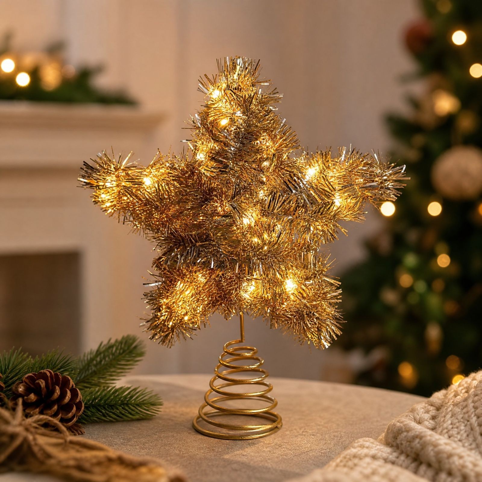 Orangide Christmas Lighted Tree Topper Star Tinsel Pentagram Glowing Decor for Xmas Holiday Indoor Home Party