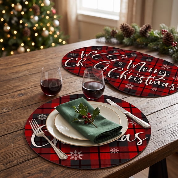 Orangide Christmas Placemats Set of 6, Flat Round Table Mat with Holiday Pattern for Kitchen Dining Room Party