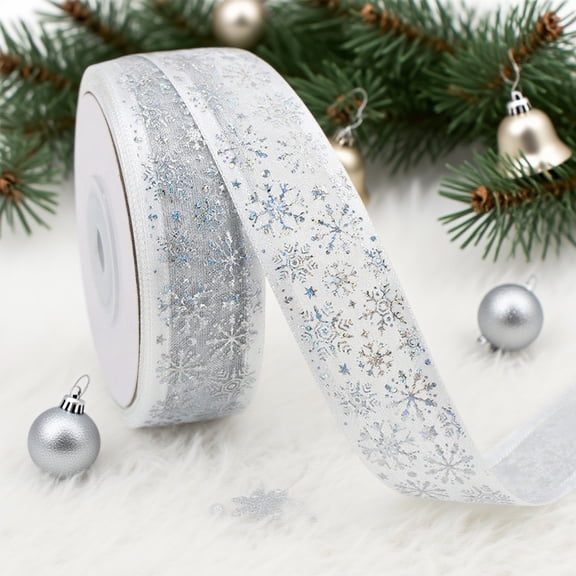 Orangide Christmas Ribbon Silver Snowflake Wired Ribbonfor Christmas Tree Garland,Winter Wreath Bows,Gift Wrapping,Home Decor