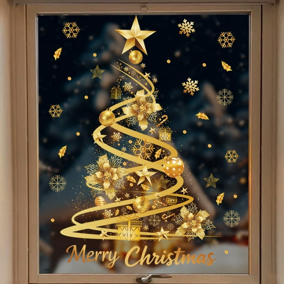 Orangide Christmas Tree Window Clings Stickers for Glass,Large Removable Golden Xmas Windows Static Stickers,for DIY Wall Window