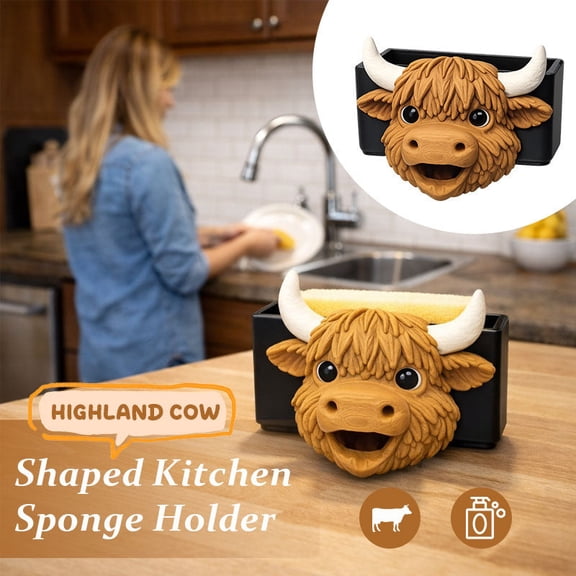 Orangide Cow Shaped Kitchen Sponge Holder Highland Cattle Design Drain Rack For Sink Side Countertop Decorative Organizer For Cleaning Supplies