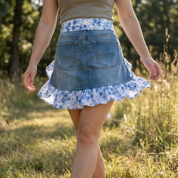 Orangide Denim Ruffle Upcycled Vintage Jean Apron with Floral Lace, Adjustable Waist, Retro Cooking Apron for Women, Kitchen and Gardening, Rustic Home Decor