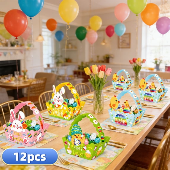 Orangide Easter Basket Kit 12 PCS DIY Paper Gift Baskets with Handles for Kids Bunny Egg Chick Crafts Egg Hunt Party Favors Candy Storage Home Decor