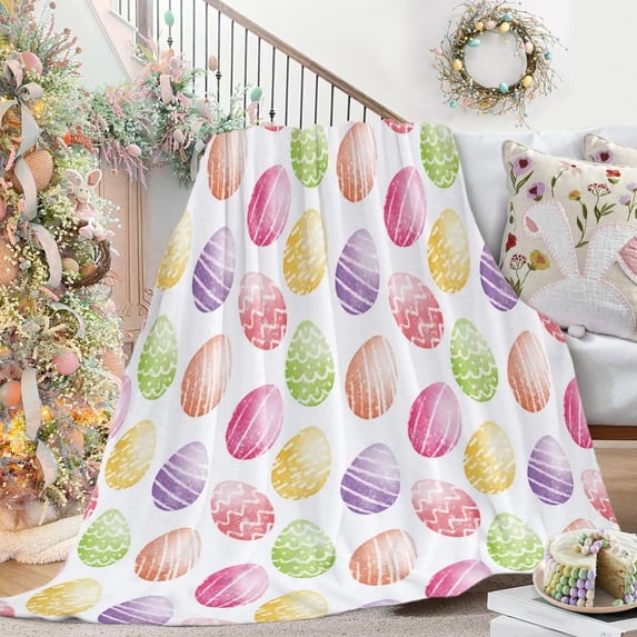 Orangide Easter Blanket, Flannel Decorative Throw with Striped Easter Egg Print, 50x60 Inches Soft Cozy Blanket for Couch Bed, Spring Holiday Party Indoor Outdoor Decor