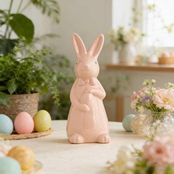 Orangide Easter Bunny Figurine Ceramic Bow Egg Rabbit Cute Desktop Decoration Craft Spring Holiday Ornament for Home Table Centerpiece