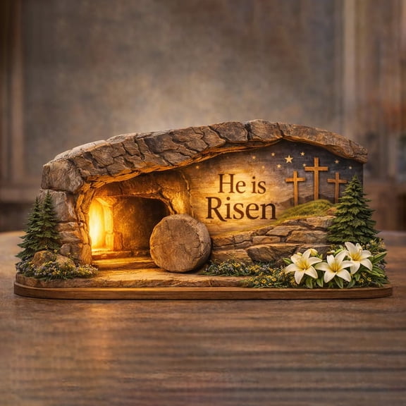 Orangide Easter Decor Empty Tomb Resurrection Scene Wooden Figurine Set, He Is Risen Tabletop Decoration for Home, Tray, and Shelf Display