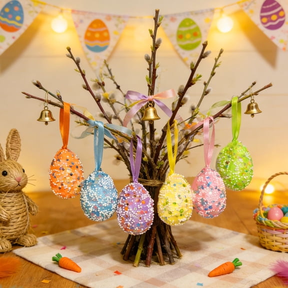 Orangide Easter Egg Hanging Ornaments, 6 Pack Colorful Foam Easter Eggs for Tree Wreath Garland Decoration, Spring Party Scene Arrangement, Resurrection Hanging Props for Holiday Decor