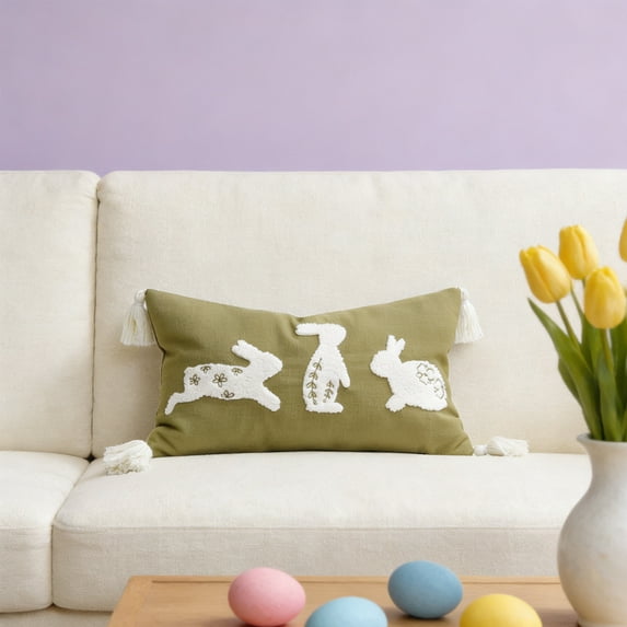 Orangide Easter Pillow Covers Bunny Easter Decoration Textured Lumbar Pillow Covers with Tassel White Rabbit Bunny Embroidery Throw Pillowcase for Holiday Festival Sofa Bedroom Car