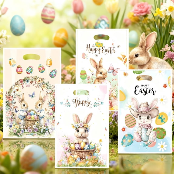 Orangide Easter Treat Bags 50 Pcs, Bunny Tote Bags for Candy Eggs Snacks, Small Paper Gift Bags with Handle for Easter Party Favors, Spring Classroom Prizes Basket Stuffers