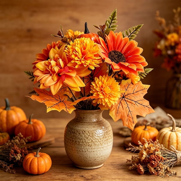 Orangide Fall Artificial Pumpkin Bouquet with Mini Pumpkin Sunflower Dahlias Maple Leaf Fabric Blooms Tabletop Harvest Centerpiece for Home Shelf Decoration
