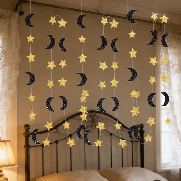 Orangide Glitter Star Hanging Decorations Party Streamers 10 FT Long - Ceiling Hanging Ornaments with Moon Stars for Birthday Wedding Christmas, Festival Party Decorations and Events