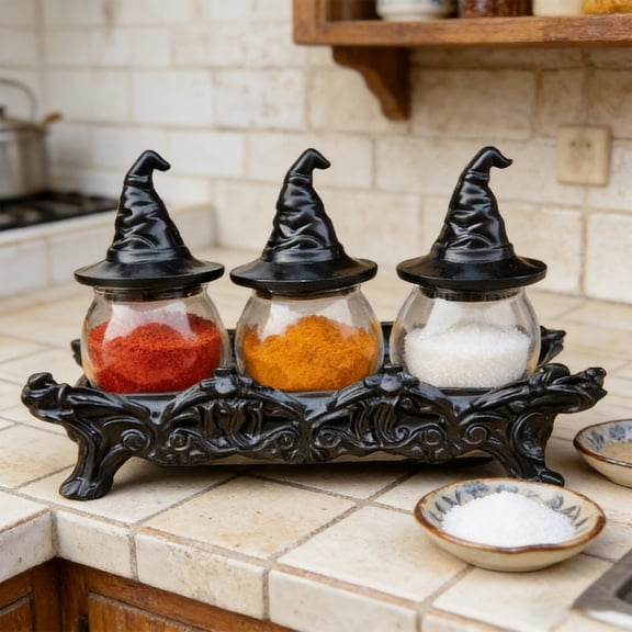 Orangide Gothic Spice Jar Set, Witch Style Iron Base Glass Spice Jars for Kitchen Decor, Storage Jars for Herbs and Spices, 3-PCS Set