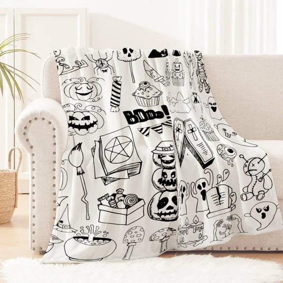 Orangide Halloween Blanket,Cute Halloween Skull Pumpkin Cartoon Black and White Throw Blanket,Lightweight Cozy Flannel Blanket,Fall Throw Blankets for Couch Sofa Bed Home Decorations