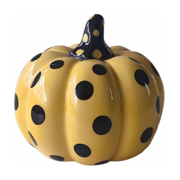 Orangide Halloween Decor Ceramic Pumpkin Decor Glossy Black Yellow Polka Hand Pumpkins Tabletop Ornaments for Mantel Shelf Fall Tiered Tray Home (M)