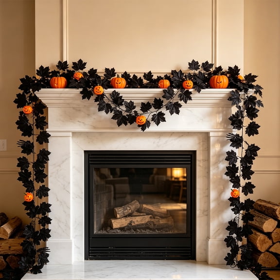 Orangide Halloween Decor Faux Maple Leaf Garland Black with Pumpkin Skeleton Hand Ornaments Hanging Vine for Mantel Fireplace Wall Indoor Party