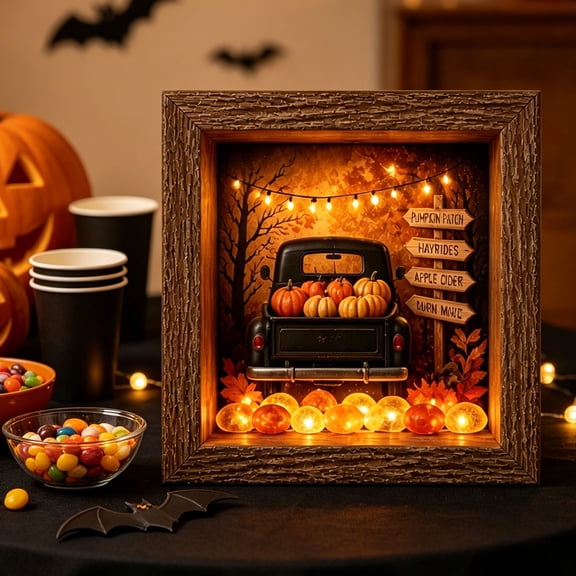 Orangide Halloween Decor Light Up Shadow Box Wooden Diorama Frame with Glowing Sea Glass LED Nightlight Tabletop Art Lamp for Home Party Shelf