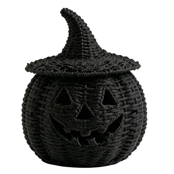 Orangide Halloween Decor Pumpkin Basket with Lid Black Wicker Resin Ornament Handmade Tabletop Decor for Party Home Shelf Centerpiece Fall Decoration