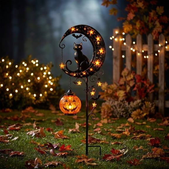 Orangide Halloween Decor Solar Garden Stake Light on Crescent with Hanging Pumpkin, Metal Star LED Waterproof Outdoor Yard Patio Decoration, Fall Landscape Lighting for Garden