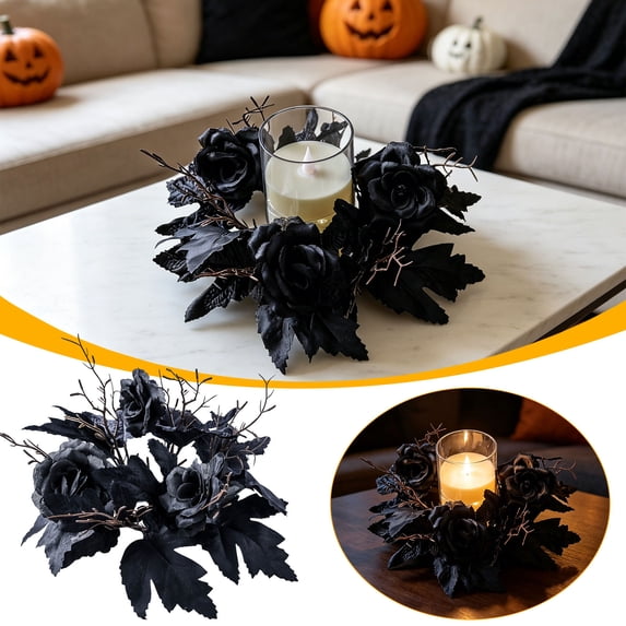 Orangide Halloween Decorations Candle Decoration Wreath For Table Setting Iron Candlestick With Artificial Flowers Table Centerpieces Candle Ring For Home Dining Table