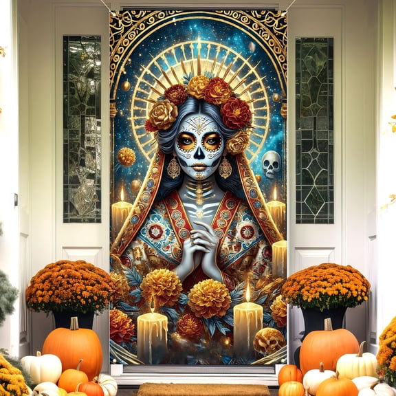 Orangide Halloween Decorations Day of the Dead Door Cover 35x71 Inch for Festival Party Decoration, Fall Decor for Indoor Outdoor Use