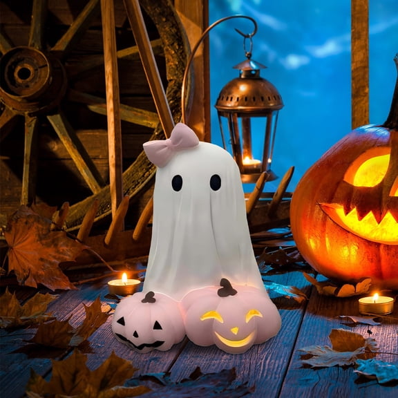 Orangide Halloween Decorations Ghost Figurine Night Light, Resin Glowing Lantern Ornament for Bedroom Bedside Table Desk, Spooky Gift for Girls Coffee Shop Display