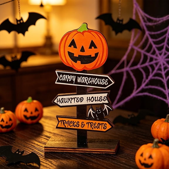 Orangide Halloween Decorations Pumpkin Letter Wooden Decor, Farmhouse Tabletop Ornament Spooky Festival Wood Block Sign for Home Shelf Display