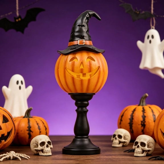 Orangide Halloween Decorations Pumpkin Pedestal Light Witch Hat Tabletop Decor Spooky Fall Home Centerpiece Statue For Mantel Shelf