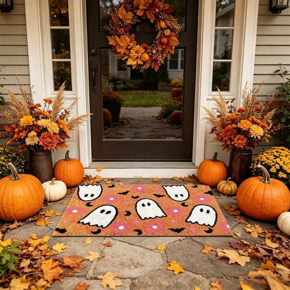Orangide Halloween Ghost Bathroom Rug Cute Ghost Shaped - Washable Orange Mat for Tub, Living Room, Bedroom, Kitchen, Non Slip Backing Halloween Decorations