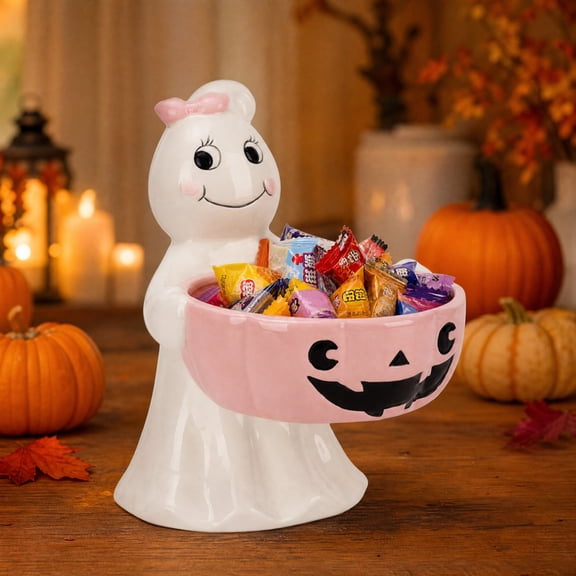 Orangide Halloween Ghost Candy Bowl Ceramic Pumpkin Shape Treat Holder for Holiday Party Table Centerpiece Home Kitchen Decor Fun Serving Dish