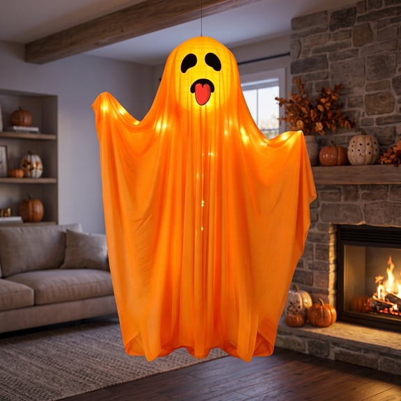 Orangide Halloween Hanging Ghost Decor Light Up Orange Cloth Ghost Ornament Spooky Pendant for Front Door Porch Party Indoor Outdoor Display