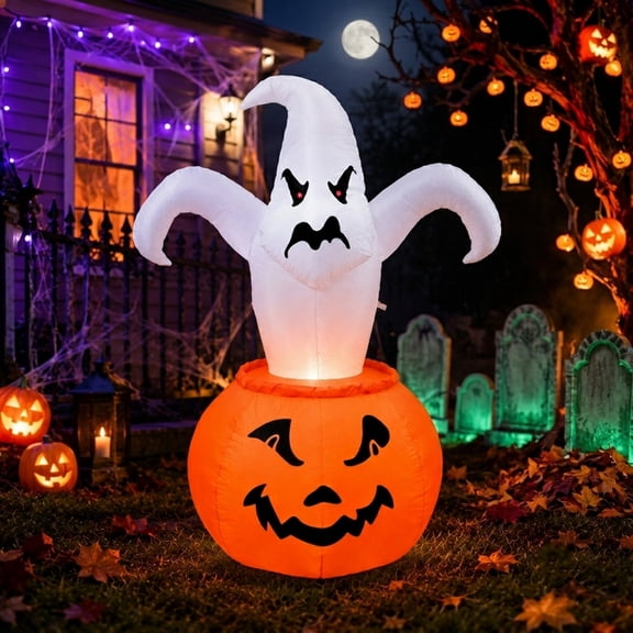 Orangide Halloween Inflatable Yard Decoration 6 ft Ghost in Pumpkin with LED Red Eyes, Waterproof Outdoor Blow Up for Front Lawn Garden