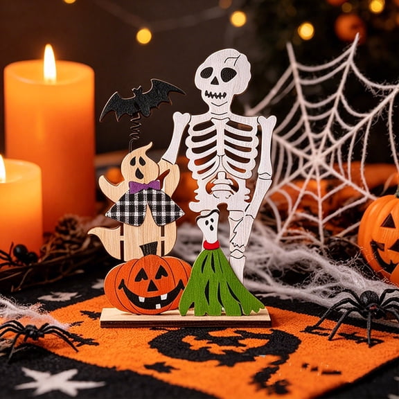 Orangide Halloween Tabletop Ornaments Wooden Spring Decorations Creative Spring Shaped Decor for Shelf Desk Mantel Holiday Display