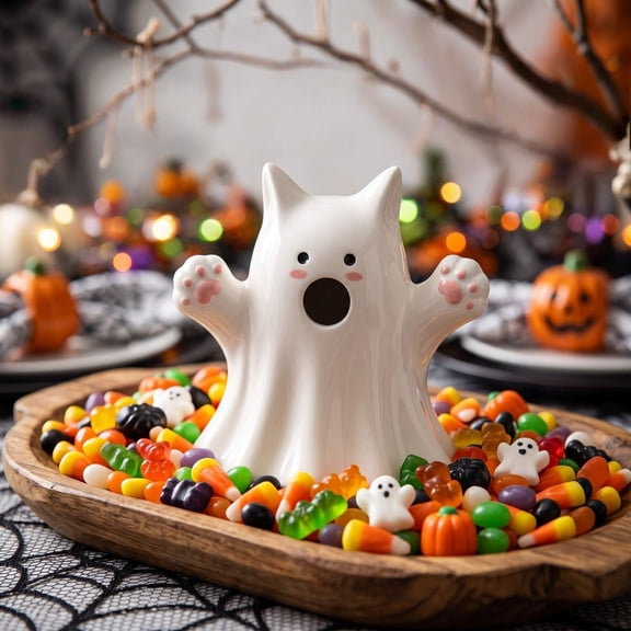 Orangide Halloween White Ghost Ceramic Figurine, Cute Cat Ghost Statue with Fall Tabletop Decor for Home Mantel Shelf Display
