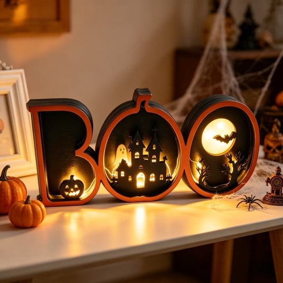 Orangide Halloween Wooden Lighted Table Lamp Box LED Night Light for Desk Shelf Mantel Fall Holiday Home Decor and Seasonal Display