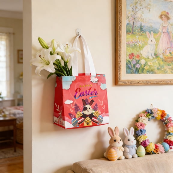Orangide Happy Easter Gift Bags with Handles - Reusable Easte Egg Hunt Bag, Multifunctional Non-Woven Spring Tote Goodie Bags for Easter Gifts Wrapping, Party Favors and Supplies