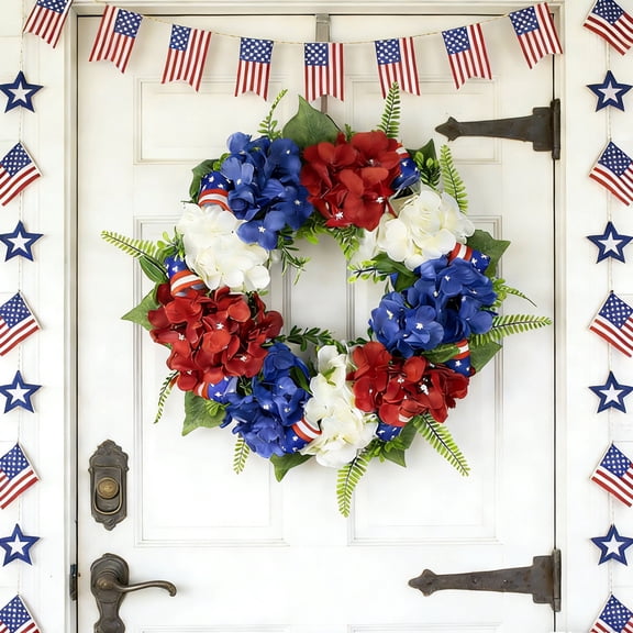 Orangide Independence Day Wreath 18 Inch, Red White Blue Patriotic Berry Swag for Front Door, Rustic Mesh Decoration for Window Porch Wall, Memorial Day 4th Of July