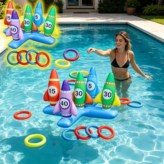 Orangide Inflatable Toss Ring Game Set with Four Floating Targets, Outdoor Pool Toy for Family Summer Parties, Backyard Water Activity Throwing Game for Kids and Groups