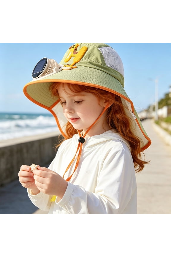 Kids Solar Fan Sun Hat with Neck Flap, Wide Brim Breathable Mesh Bucket Hat, Adjustable Chin Strap for Summer Beach Outdoor Activities