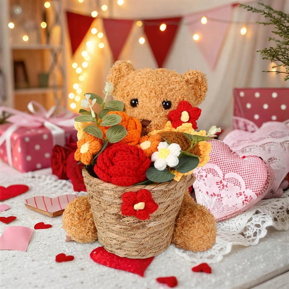 Orangide Knitted Flower Basket, Handmade Knitted Rose Sunflower Puff Flower with Cute Bear Rattan Basket for Home Office Decor Birthday Mother's Day Valentine's Day Gift