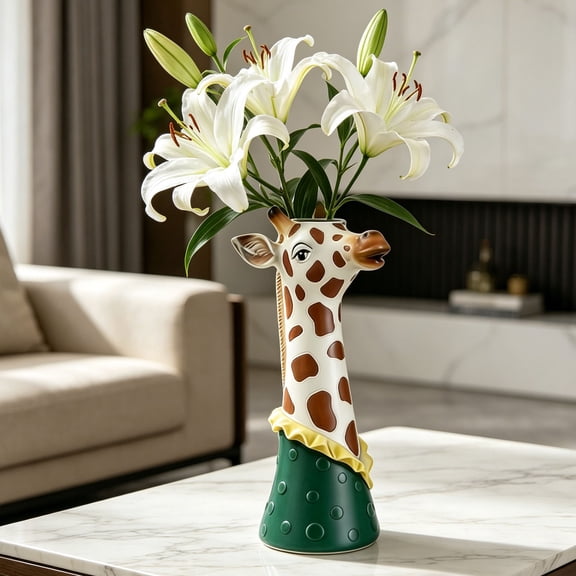 Orangide Long Neck Giraffe Shaped Flower Vase, Creative Ceramic Look Animal Style Vase for Home Office Shelf, Tabletop Centerpiece Decor