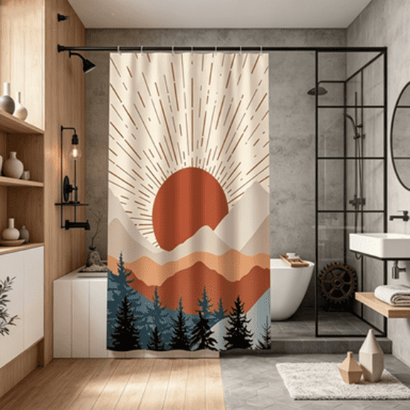 Orangide Medieval Shower Curtain 35x71In Waterproof Abstract Sunrise Forest Bathroom Decor, Gothic Style Set with Hooks 12Gauge