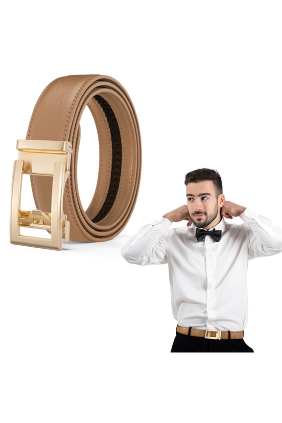 Men's Automatic Leather Belt With Gold Colored Buckle No Hole Design - Easy Click Western Belt For Business Suit And Dress, 45 Inch