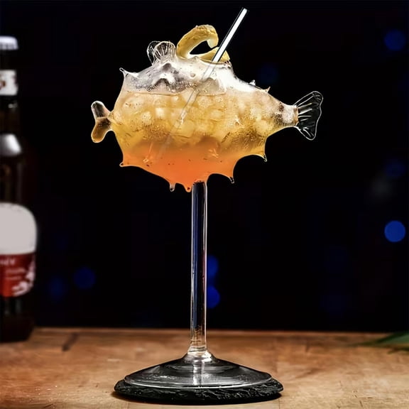 Orangide Pufferfish Cocktail Glass, High Footed Glass with Straw, Novelty Bar Glass for Summer Beach Pool Party, Vacation Drinkware, Funny Shaped Cup for Adults