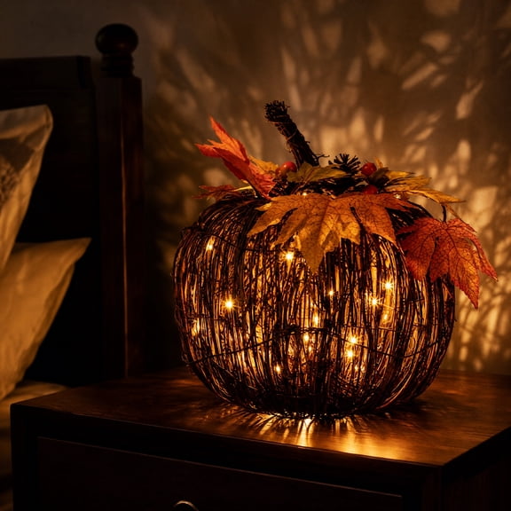 Orangide Rattan Pumpkin Table Lamp Fall Maple Leaf LED Night Light Halloween Thanksgiving Decor for Bedroom Living Room Office Warm Glow