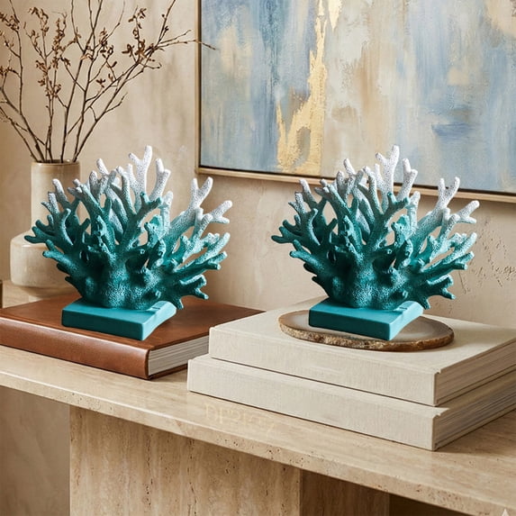Orangide Resin Coral Decor, European Style Coral Reef Sculpture for Study Bedroom Entryway, Cabinet Shelf Table Centerpiece, Blue White Home Coastal Decoration