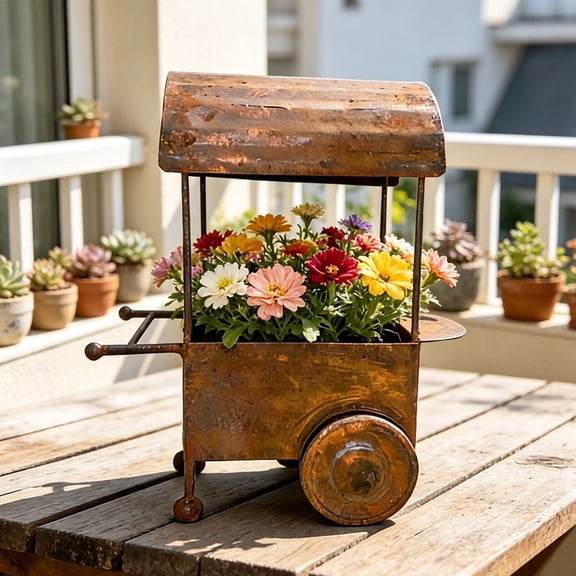 Orangide Rustic Iron Trolley Planter Outdoor Courtyard Decoration Vintage Flower Pot for Patio Garden Suitable for Planting Flowers Mobile Planter on Wheels Rustic Home Decor